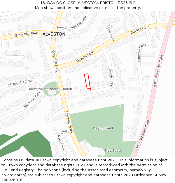 16, DAVIDS CLOSE, ALVESTON, BRISTOL, BS35 3LR: Location map and indicative extent of plot