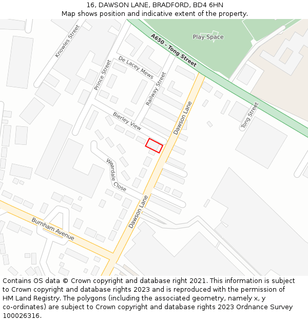 16, DAWSON LANE, BRADFORD, BD4 6HN: Location map and indicative extent of plot