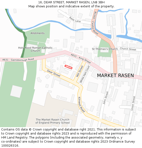 16, DEAR STREET, MARKET RASEN, LN8 3BH: Location map and indicative extent of plot