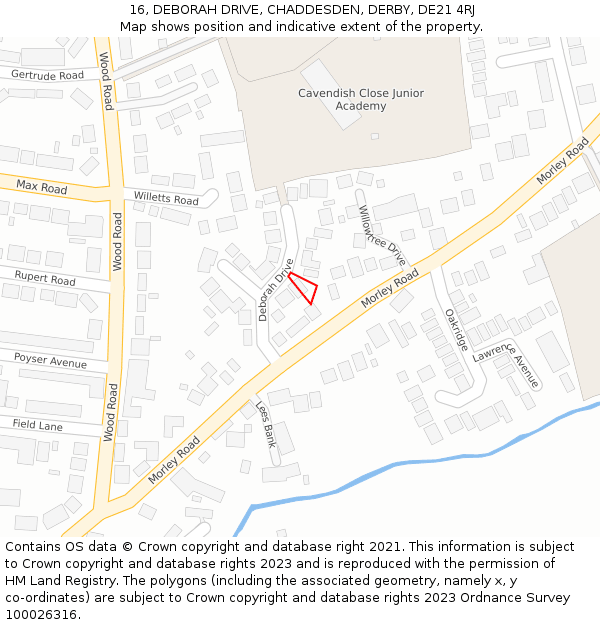 16, DEBORAH DRIVE, CHADDESDEN, DERBY, DE21 4RJ: Location map and indicative extent of plot