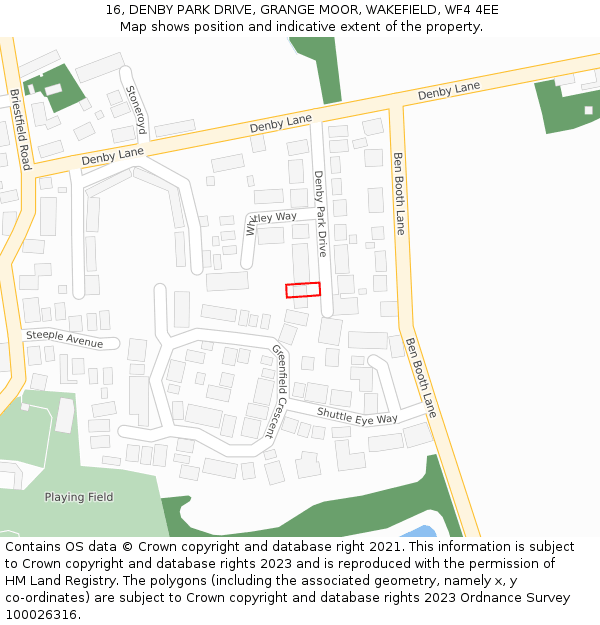 16, DENBY PARK DRIVE, GRANGE MOOR, WAKEFIELD, WF4 4EE: Location map and indicative extent of plot