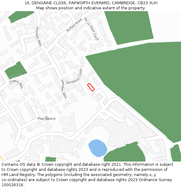 16, DENGAINE CLOSE, PAPWORTH EVERARD, CAMBRIDGE, CB23 3UH: Location map and indicative extent of plot