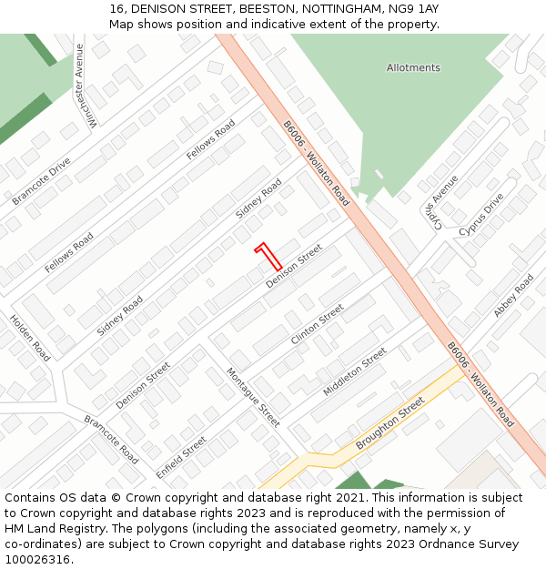 16, DENISON STREET, BEESTON, NOTTINGHAM, NG9 1AY: Location map and indicative extent of plot