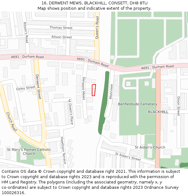 16, DERWENT MEWS, BLACKHILL, CONSETT, DH8 8TU: Location map and indicative extent of plot