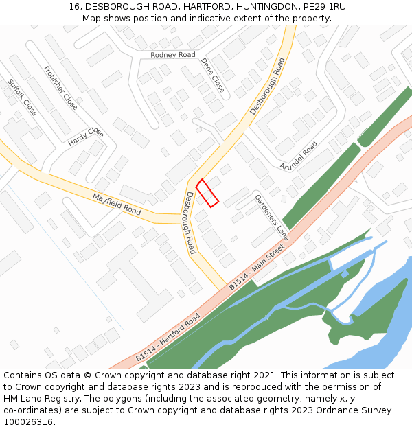 16, DESBOROUGH ROAD, HARTFORD, HUNTINGDON, PE29 1RU: Location map and indicative extent of plot