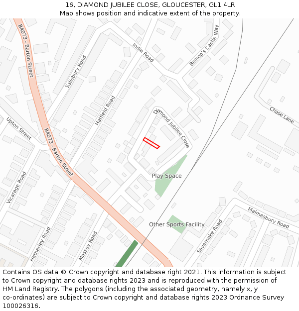 16, DIAMOND JUBILEE CLOSE, GLOUCESTER, GL1 4LR: Location map and indicative extent of plot