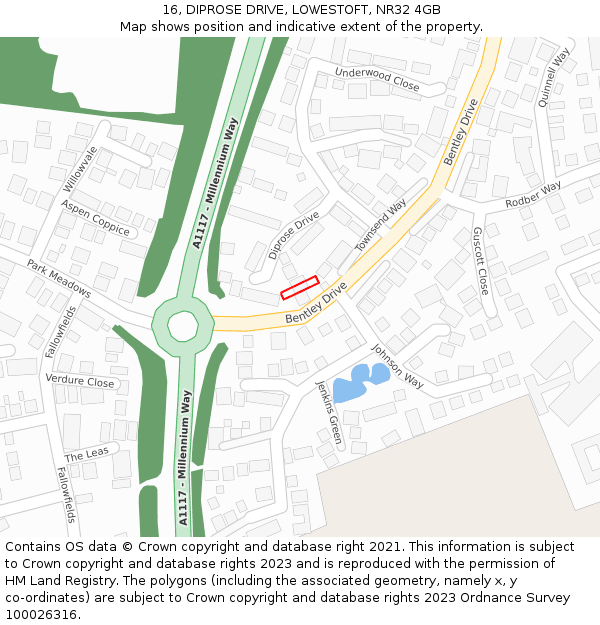 16, DIPROSE DRIVE, LOWESTOFT, NR32 4GB: Location map and indicative extent of plot