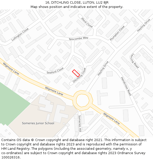 16, DITCHLING CLOSE, LUTON, LU2 8JR: Location map and indicative extent of plot