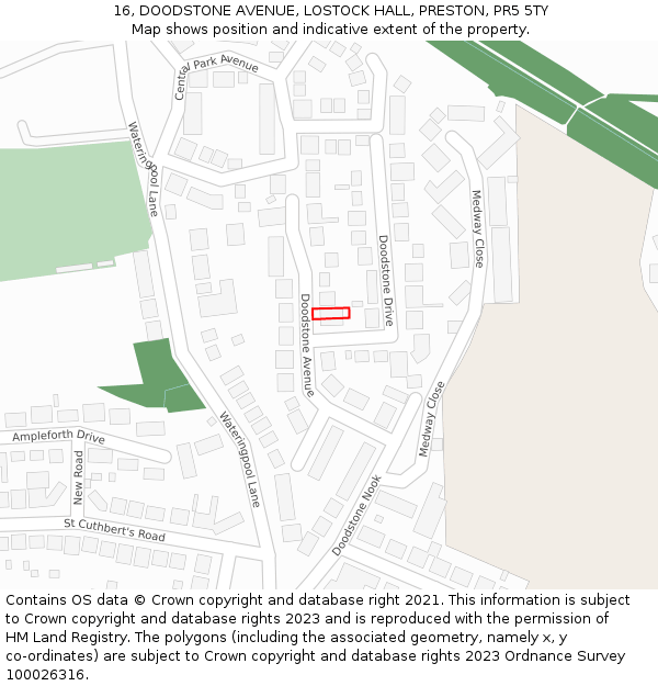 16, DOODSTONE AVENUE, LOSTOCK HALL, PRESTON, PR5 5TY: Location map and indicative extent of plot