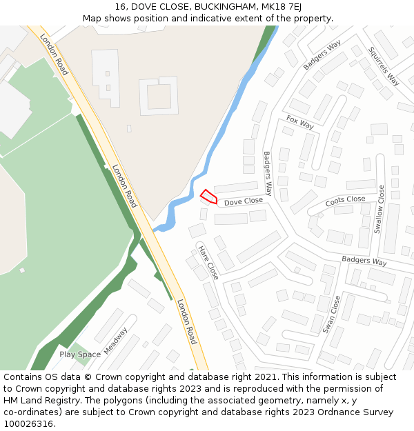 16, DOVE CLOSE, BUCKINGHAM, MK18 7EJ: Location map and indicative extent of plot