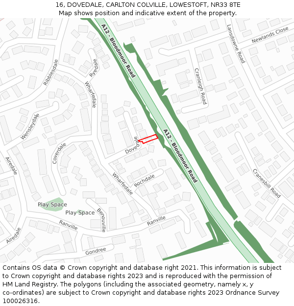16, DOVEDALE, CARLTON COLVILLE, LOWESTOFT, NR33 8TE: Location map and indicative extent of plot