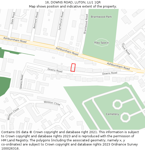 16, DOWNS ROAD, LUTON, LU1 1QR: Location map and indicative extent of plot
