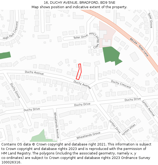 16, DUCHY AVENUE, BRADFORD, BD9 5NE: Location map and indicative extent of plot