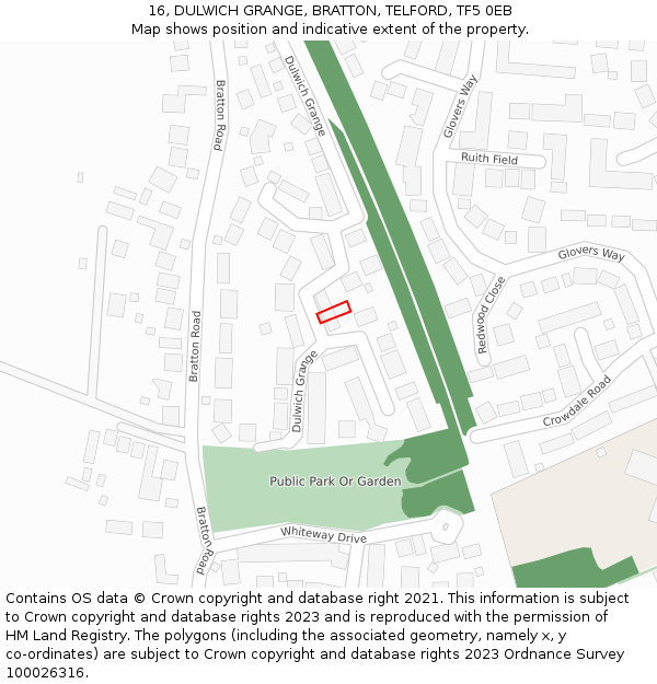 16, DULWICH GRANGE, BRATTON, TELFORD, TF5 0EB: Location map and indicative extent of plot
