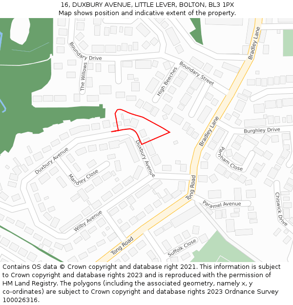 16, DUXBURY AVENUE, LITTLE LEVER, BOLTON, BL3 1PX: Location map and indicative extent of plot