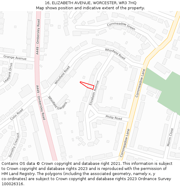 16, ELIZABETH AVENUE, WORCESTER, WR3 7HQ: Location map and indicative extent of plot