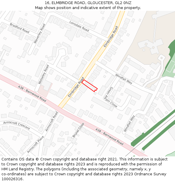 16, ELMBRIDGE ROAD, GLOUCESTER, GL2 0NZ: Location map and indicative extent of plot