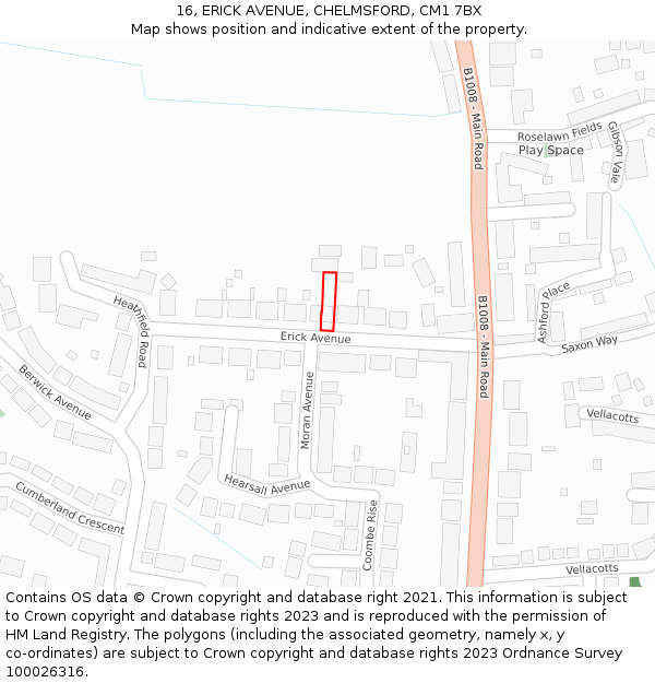 16, ERICK AVENUE, CHELMSFORD, CM1 7BX: Location map and indicative extent of plot
