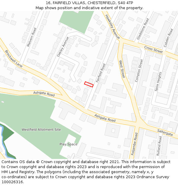 16, FAIRFIELD VILLAS, CHESTERFIELD, S40 4TP: Location map and indicative extent of plot