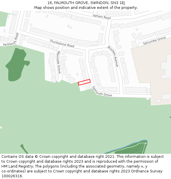 16, FALMOUTH GROVE, SWINDON, SN3 1EJ: Location map and indicative extent of plot