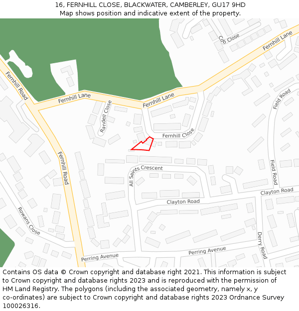 16, FERNHILL CLOSE, BLACKWATER, CAMBERLEY, GU17 9HD: Location map and indicative extent of plot