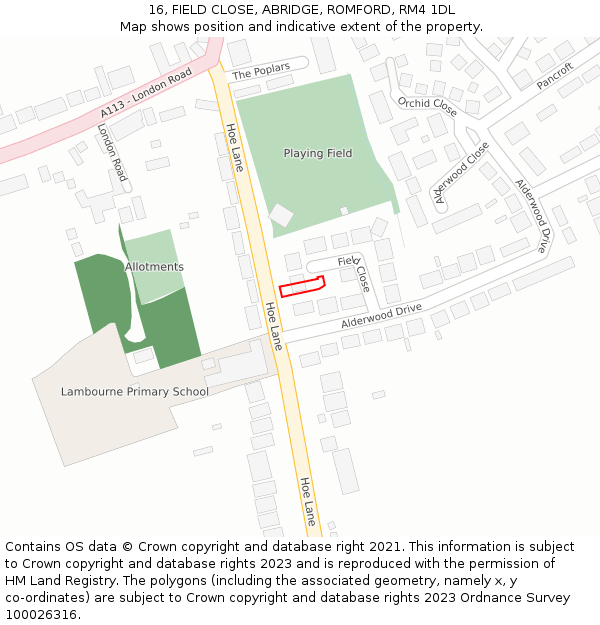 16, FIELD CLOSE, ABRIDGE, ROMFORD, RM4 1DL: Location map and indicative extent of plot