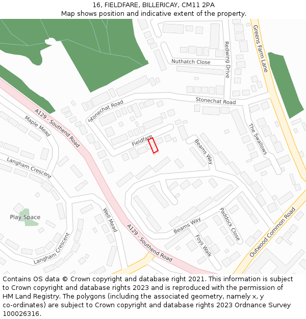 16, FIELDFARE, BILLERICAY, CM11 2PA: Location map and indicative extent of plot