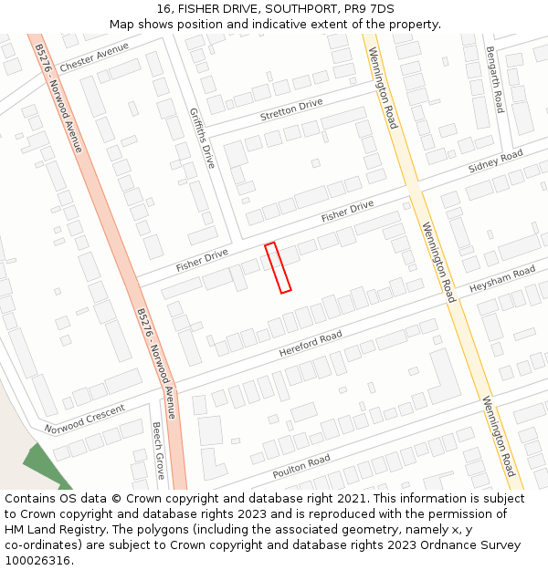 16, FISHER DRIVE, SOUTHPORT, PR9 7DS: Location map and indicative extent of plot