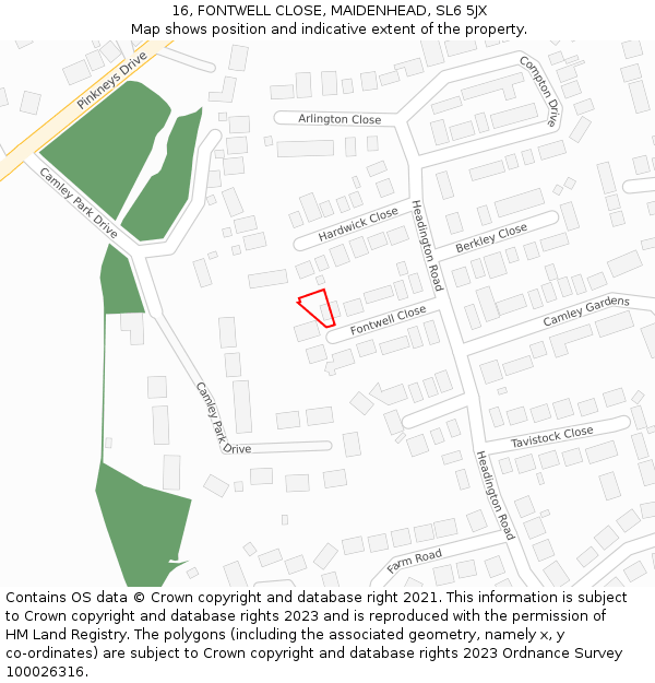 16, FONTWELL CLOSE, MAIDENHEAD, SL6 5JX: Location map and indicative extent of plot