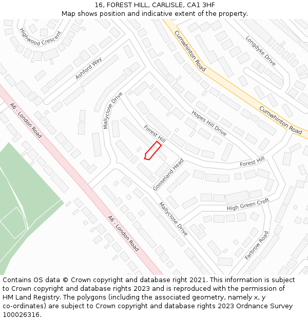 16, FOREST HILL, CARLISLE, CA1 3HF: Location map and indicative extent of plot
