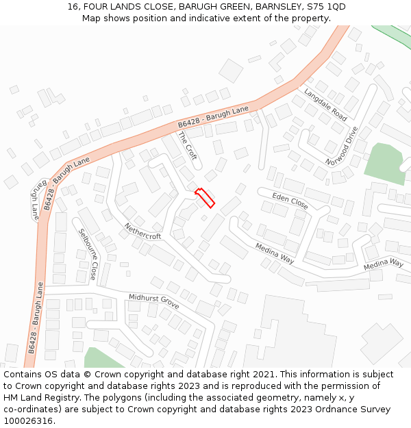 16, FOUR LANDS CLOSE, BARUGH GREEN, BARNSLEY, S75 1QD: Location map and indicative extent of plot