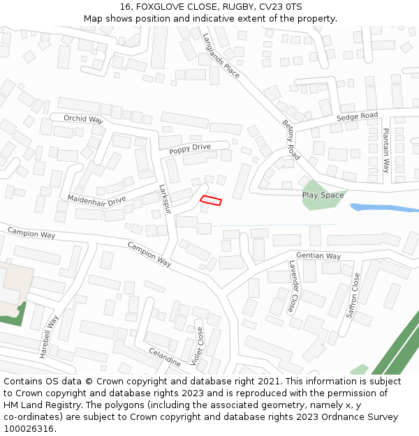 16, FOXGLOVE CLOSE, RUGBY, CV23 0TS: Location map and indicative extent of plot
