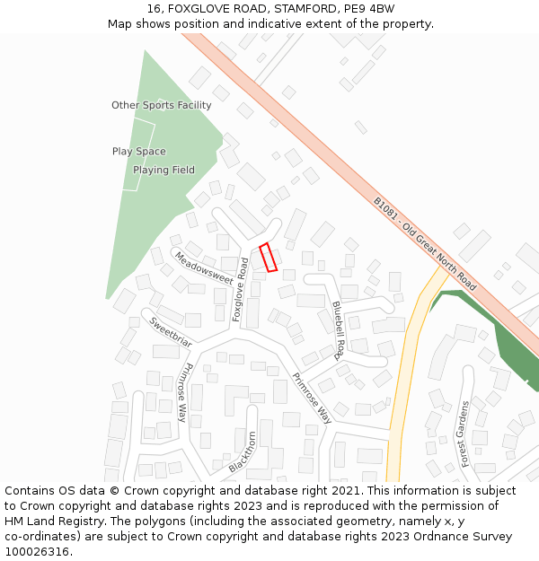 16, FOXGLOVE ROAD, STAMFORD, PE9 4BW: Location map and indicative extent of plot