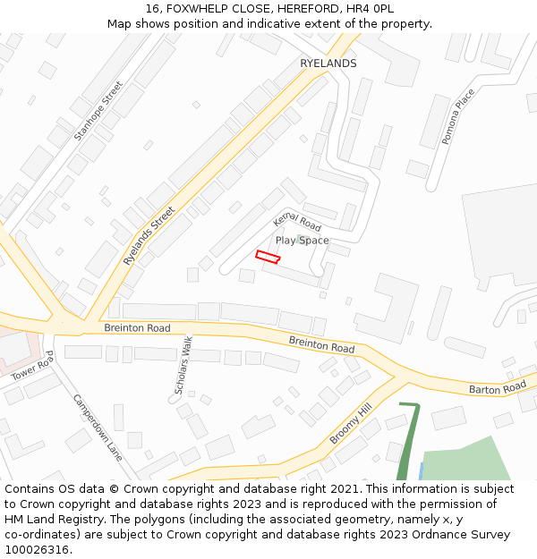 16, FOXWHELP CLOSE, HEREFORD, HR4 0PL: Location map and indicative extent of plot