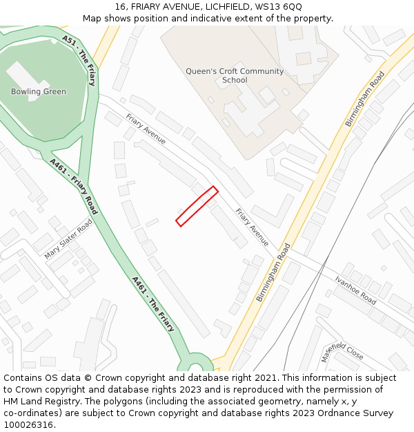 16, FRIARY AVENUE, LICHFIELD, WS13 6QQ: Location map and indicative extent of plot