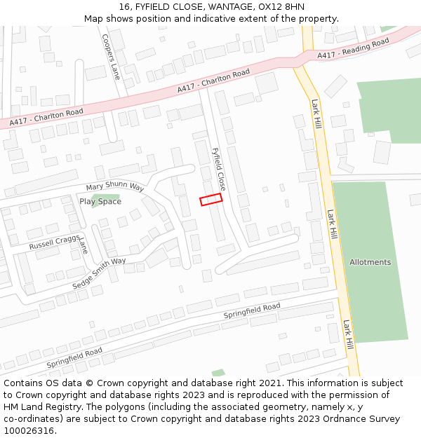 16, FYFIELD CLOSE, WANTAGE, OX12 8HN: Location map and indicative extent of plot