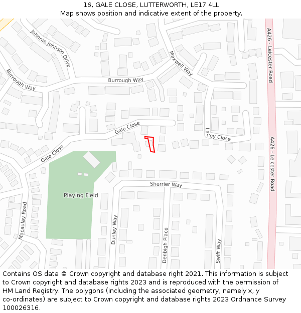 16, GALE CLOSE, LUTTERWORTH, LE17 4LL: Location map and indicative extent of plot