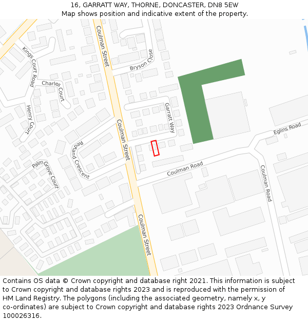 16, GARRATT WAY, THORNE, DONCASTER, DN8 5EW: Location map and indicative extent of plot