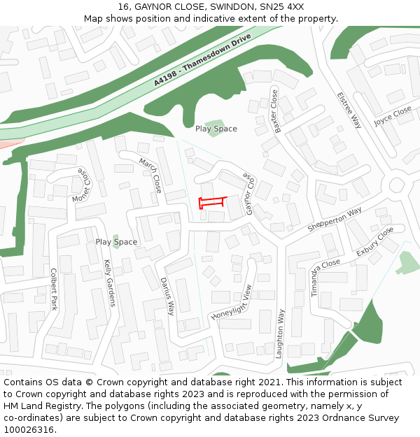 16, GAYNOR CLOSE, SWINDON, SN25 4XX: Location map and indicative extent of plot