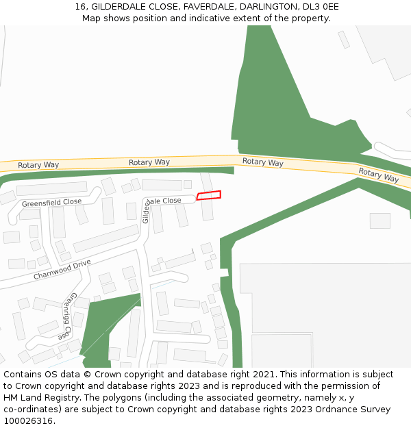 16, GILDERDALE CLOSE, FAVERDALE, DARLINGTON, DL3 0EE: Location map and indicative extent of plot
