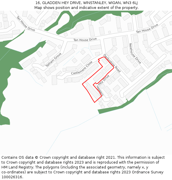 16, GLADDEN HEY DRIVE, WINSTANLEY, WIGAN, WN3 6LJ: Location map and indicative extent of plot