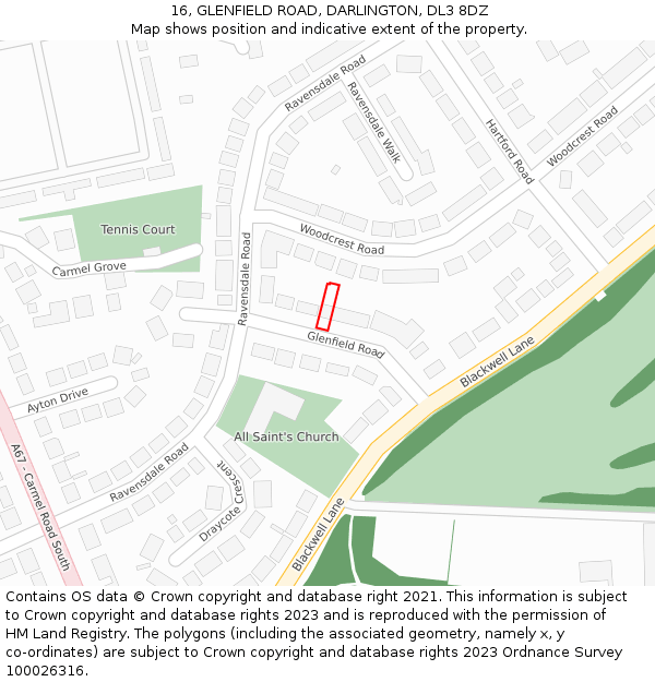 16, GLENFIELD ROAD, DARLINGTON, DL3 8DZ: Location map and indicative extent of plot