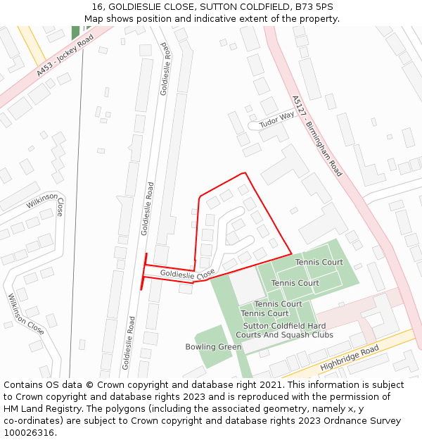 16, GOLDIESLIE CLOSE, SUTTON COLDFIELD, B73 5PS: Location map and indicative extent of plot