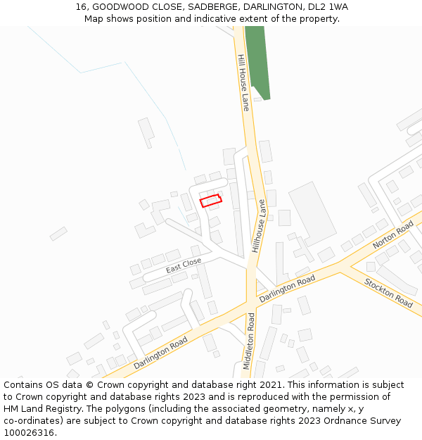 16, GOODWOOD CLOSE, SADBERGE, DARLINGTON, DL2 1WA: Location map and indicative extent of plot