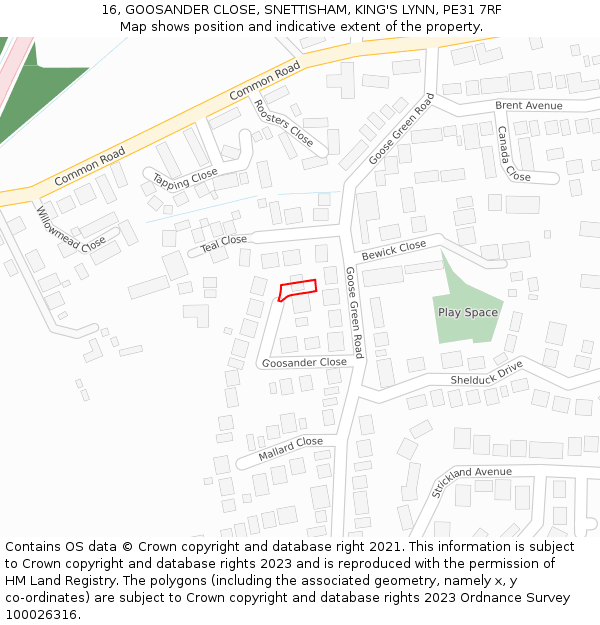 16, GOOSANDER CLOSE, SNETTISHAM, KING'S LYNN, PE31 7RF: Location map and indicative extent of plot