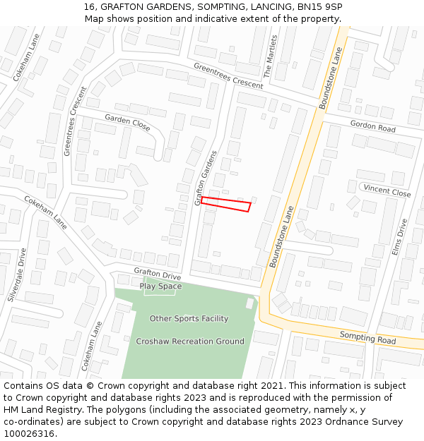 16, GRAFTON GARDENS, SOMPTING, LANCING, BN15 9SP: Location map and indicative extent of plot