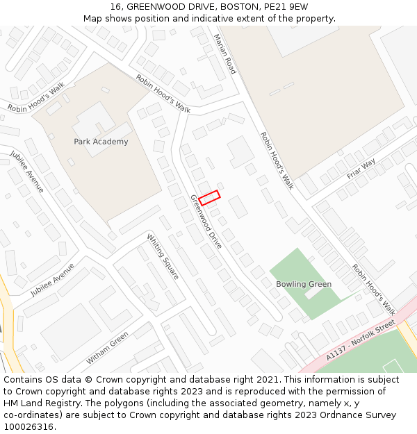 16, GREENWOOD DRIVE, BOSTON, PE21 9EW: Location map and indicative extent of plot
