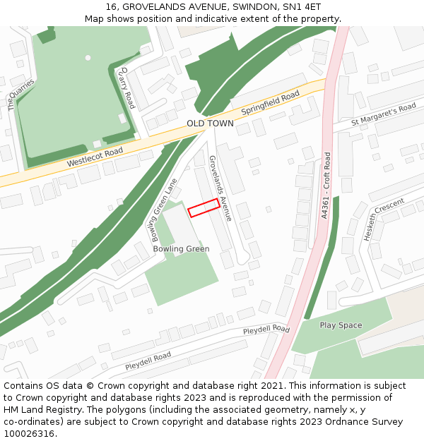 16, GROVELANDS AVENUE, SWINDON, SN1 4ET: Location map and indicative extent of plot