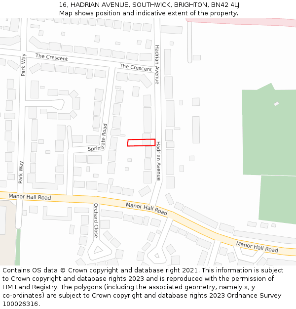 16, HADRIAN AVENUE, SOUTHWICK, BRIGHTON, BN42 4LJ: Location map and indicative extent of plot