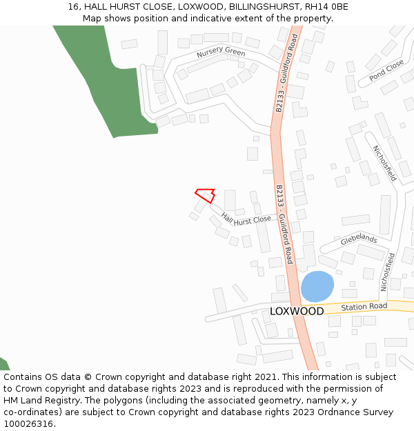 16, HALL HURST CLOSE, LOXWOOD, BILLINGSHURST, RH14 0BE: Location map and indicative extent of plot